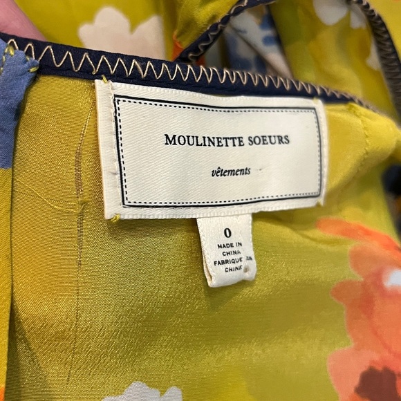 Moulinette Soeurs SILK Yellow Floral Fit flare V Neck Short Sleeve Dress 0 - Picture 7 of 8